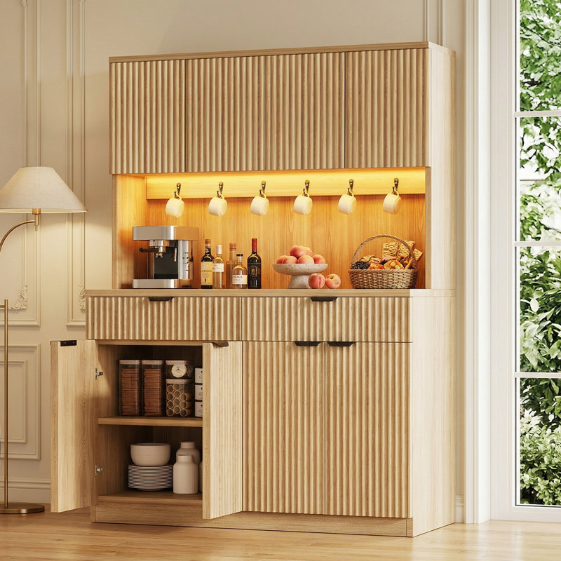 Armoire de rangement autoportante à 4 portes à texture ondulée pour la cuisine et la salle à manger, Brun, Black