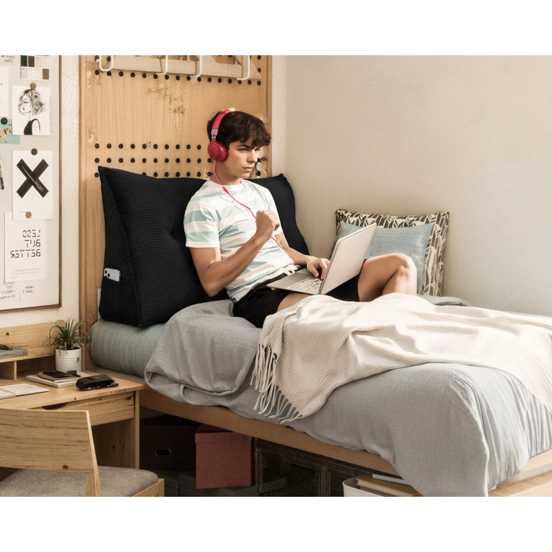 Sit-up Back Comfort 100% Cotton Corduroy Backrest Bed Back Support Headboard Wedge Reading Pillow Compression, Twin, Black