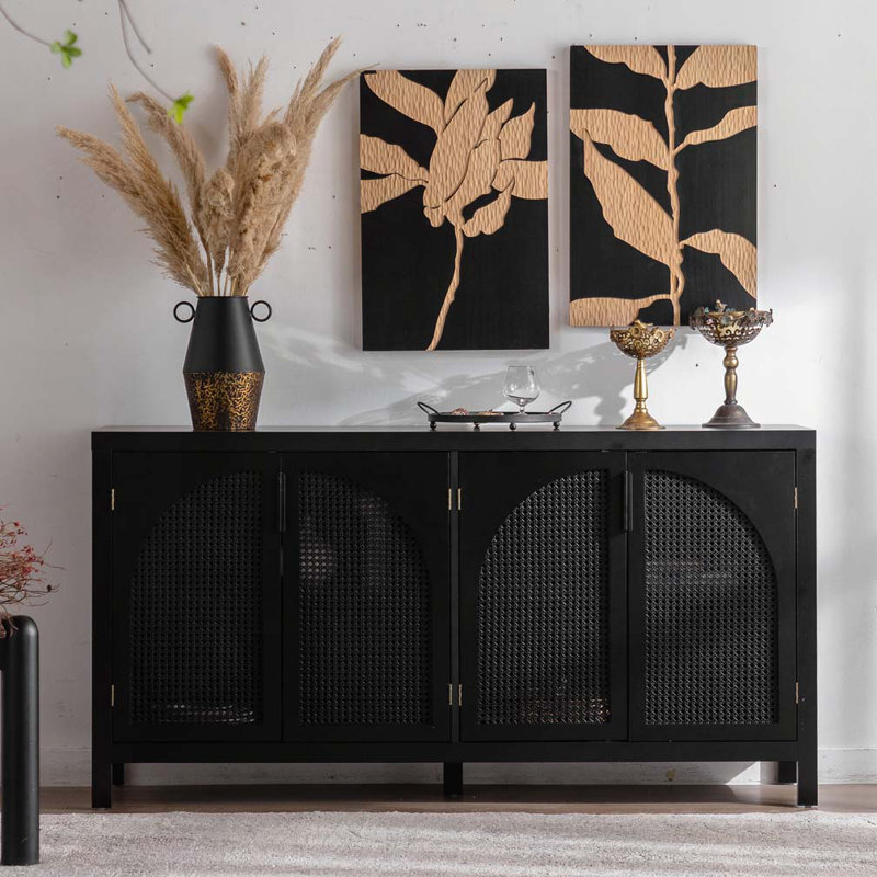 4-Door Storage Accent Cabinet with Artificial Rattan Door, 30.2" H x  57.9" W x 14" D