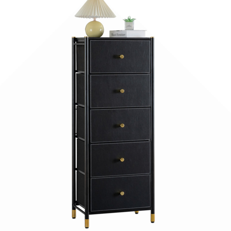 Commode à tiroirs, commode haute avec 5 tiroirs en similicuir, tour de rangement avec bacs en tissu