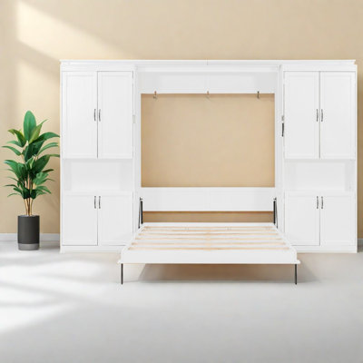 Lit escamotable Queen avec rangement, en bois MDF blanc, style moderne gain de place.