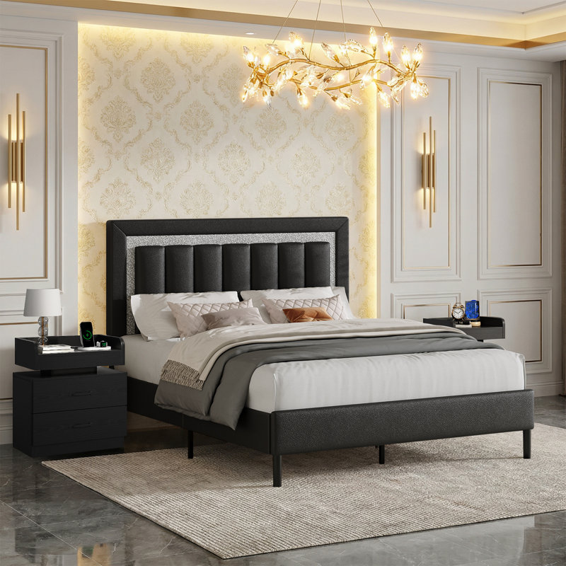 Ensemble de lit plateforme tapissier Diamond, Grand, Noir