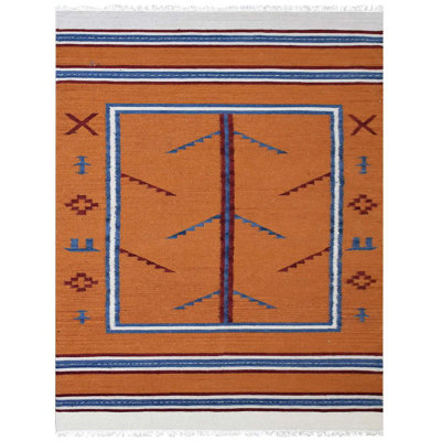 Tapis rectangulaires en laine tissés à la main Bilaal - Tissu rectangulaire | Orange et bleu | Design contemporain | Tapis de salon, chambre à coucher