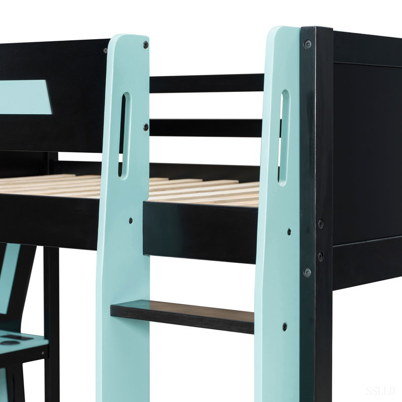Lit superposé double pleine grandeur avec bureau RVB surdimensionné monté sur le côté, ports de charge USB et œillet à câble, bande lumineuse à DEL, structure de loft Esports robuste
