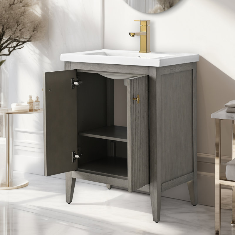 Ensemble de meuble-lavabo sur pied lavabo simple 24 po avec plateau en céramique blanche, Doré brossé, Gris flottant linéaire