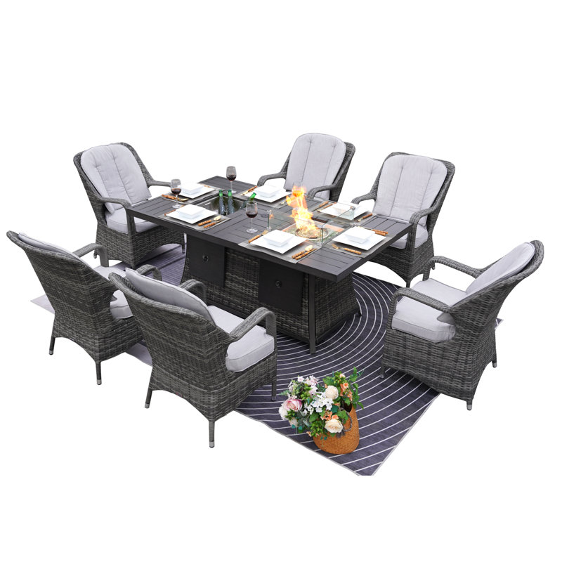 Moda 70 In. X 39 In. X 27 In. Rectangular Wicker Outdoor Gas Fire Pits Dining Setx