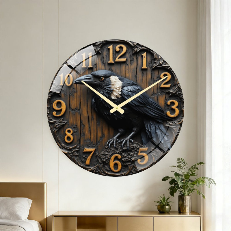 Raven Wall Clock Decor Art - 24‘’ Modern Glass Wall Clock