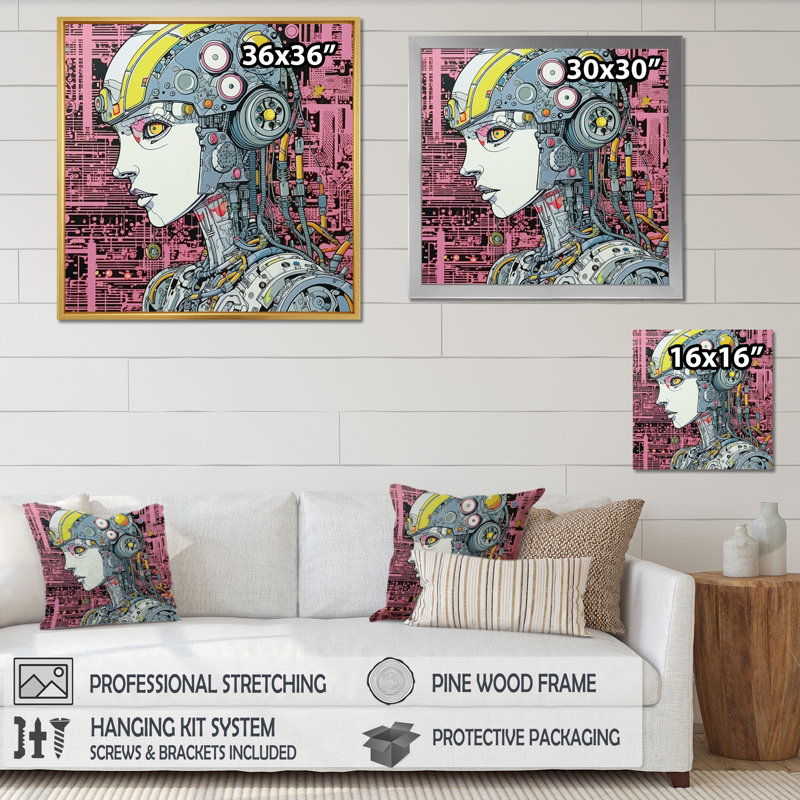 Illustration charmante de charmants Robots amoureux - reproduction sur toile, Cadre flottant brun, H 30 po x l 30 po x P 1 po