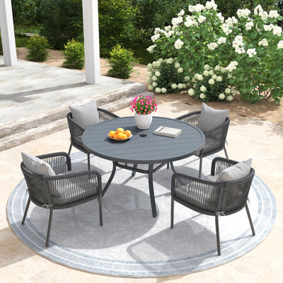 4 Person Outdoor Patio Dining Set with 47.2" Round Dining Table and 4 Cushioned PE Rattan Chairs