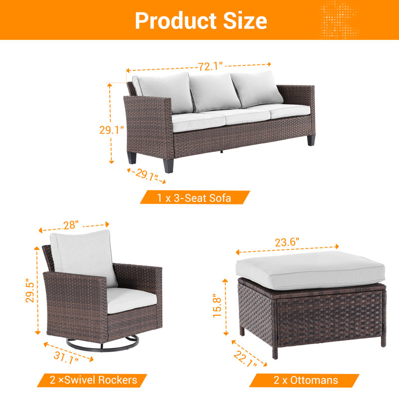 5 - Person Wicker Swivel Rocker Chair Outdoor Seating Group with Cushions, Brown, Leaden Gray