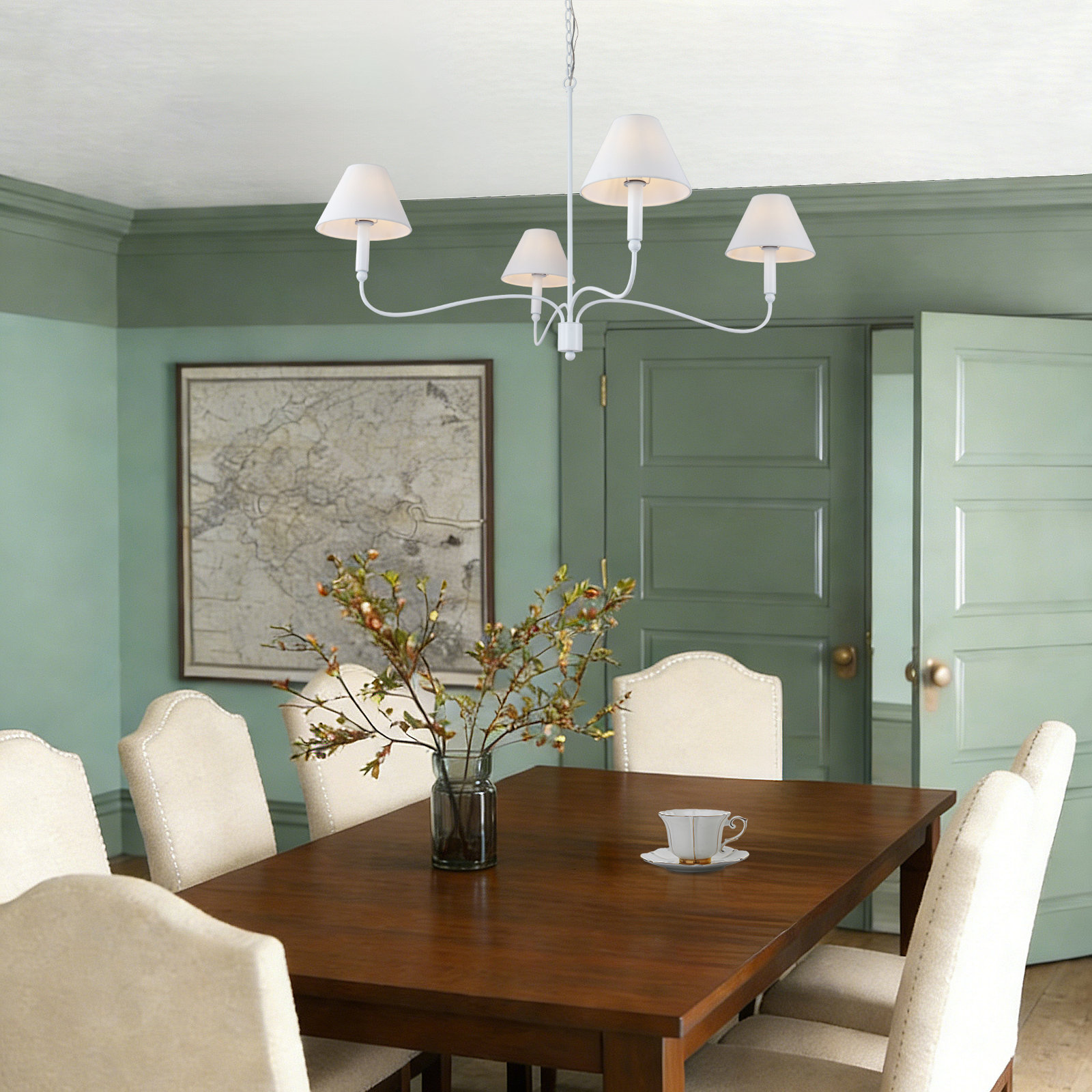 4-Light Dimmable Classic / Traditional Fabric chandelier, Matte white