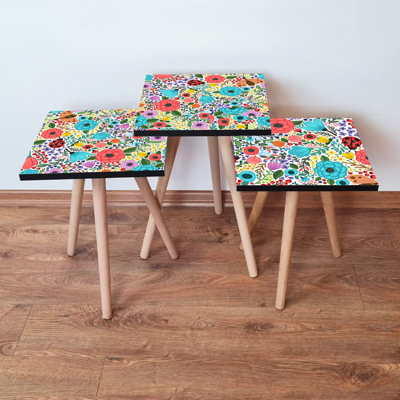 Ensemble de 3 tables gigognes élégantes, style bohémien, 100% panneau de fibres à densité moyenne avec pieds en bois de hêtre | Grande table: 13,8 x 20,5 x 13,8 po, moyenne: 13,8 x 18,5 x 13,8 po, plus petite: 13,8 x 16,5 x 13,8 po | Parfait pour le salon et les décorations florales