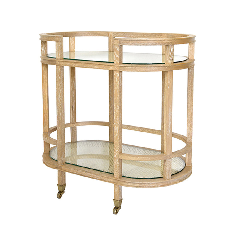 O'Hara Cerused Oak Oval Bar Cart with Glass and Cane Shelves