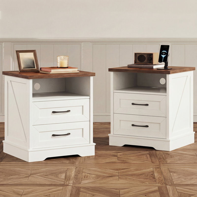 Farmhouse Nightstand With 2 Spacious Drawers,End Table With Ample Storage Shelf,Bedside Cabinet With 4 Solid Wood Legs Farmhouse Nightstand With 2 Spacious Drawers,End Table With Ample Storage Shelf,Bedside Cabinet With 4 Solid Wood Legs (Set Of 2)
