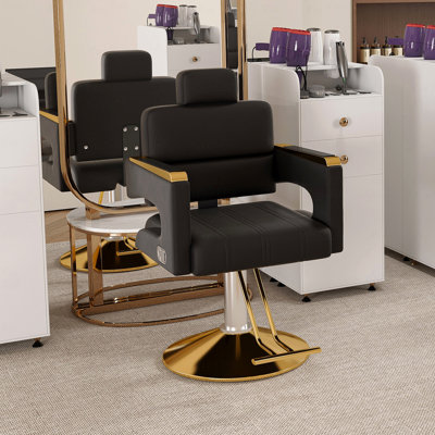Fauteuil de coiffeur hydraulique avec fonction inclinable professionnelle - pivotant à 360 ° avec hauteur réglable, accoudoirs en acier inoxydable et dossier inclinable pour le salon et le salon de coiffure