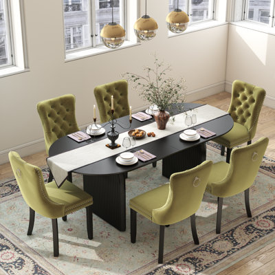 Mid-century Wood Oval Pedestal Dining Set with Tufted Dininig Chair