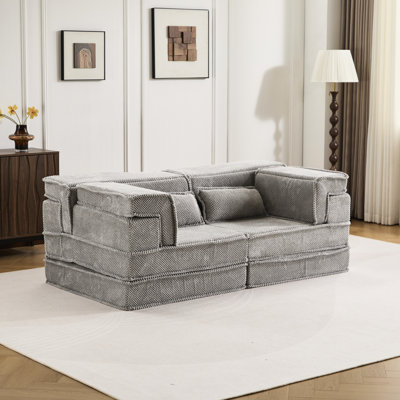 Canapé-lit modulaire modulable à monter soi-même, sans os, convertible, recouvert de polaire grise à motifs circulaires, garni de mousse à mémoire de forme haute densité, aucun assemblage requis pour une utilisation facile au sol, idéal pour les salles de jeux.