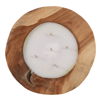 Jeimi Decorative Round Teak Wood Scented Candles Candle For Living Room - Modern Decor For Bedroom, Bookshelf Or Coffee Table Styling - 12", Brown & Tan