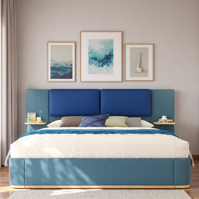 Lit plateforme tapissier avec tablettes, King, Bleu / Marine