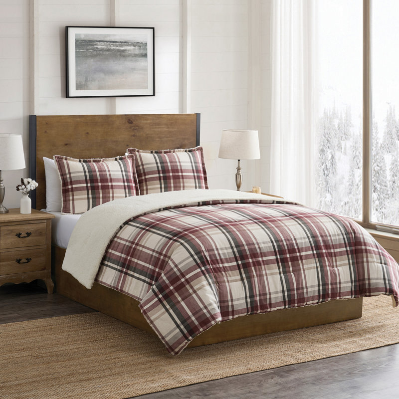 VCNY Home Plaid 3-Piece Brushed Cotton Flannel and Sherpa Comforter Set, Red