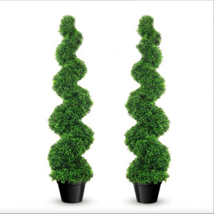 Maintenance Free Topiary Trees, Artificial Boxwood Tree Set for Porch and Indoor, Realistic and Lush Artificial Boxwood Spiral Topiary with Sturdy Flower Pot