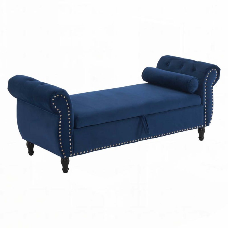 Banc de rangement en velours avec accoudoirs, Bleu marine antique