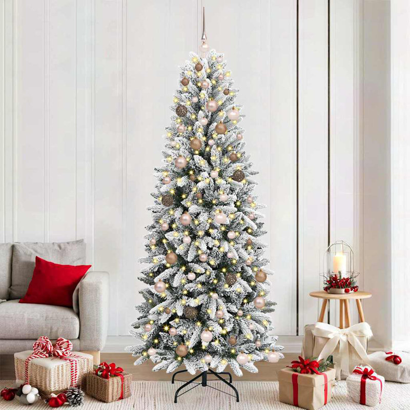 vidaXL Artificial Christmas Tree with 300 LEDs White, 180 cm, with Leds & Rose Gold Balls