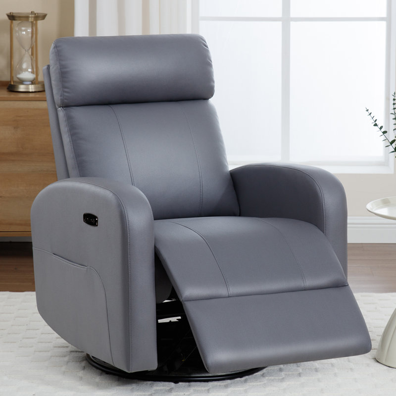 Gray Faux Leather Swivel Rocker Recliner with USB Port