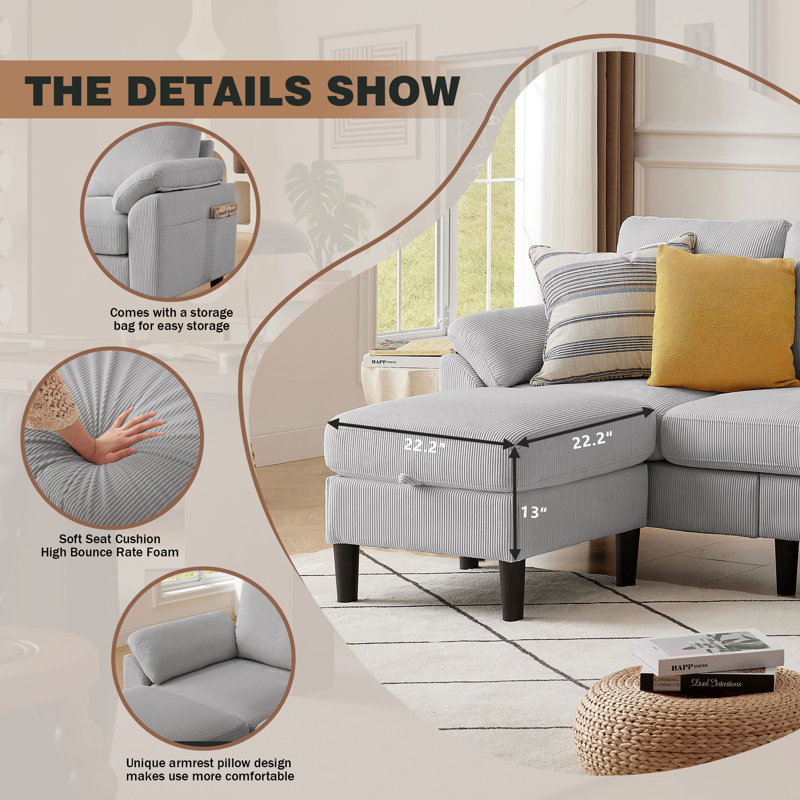 Darlyene Corduroy  79.32" Wide Reversible Sofa & Chaise with Ottoman, Mélange de polyester gris clair