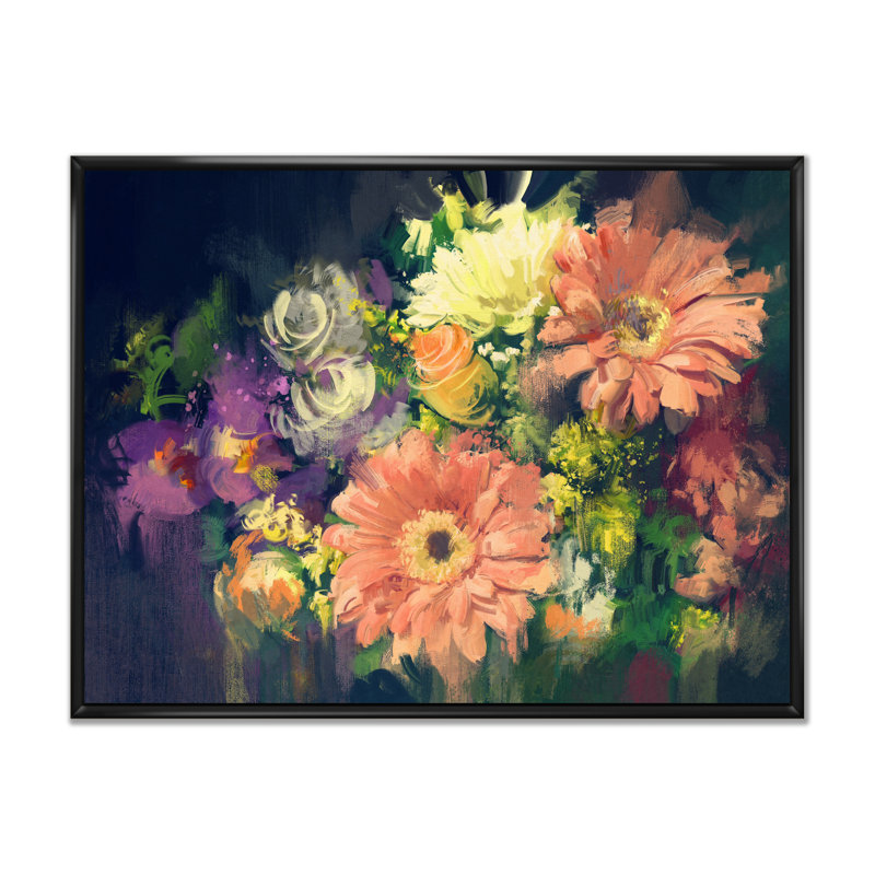 «Grunge Pastel Bouquet Of Flowers», reproduction sur toile, H 30 po x l 40 po x P 1,5 po, Cadre flottant noir