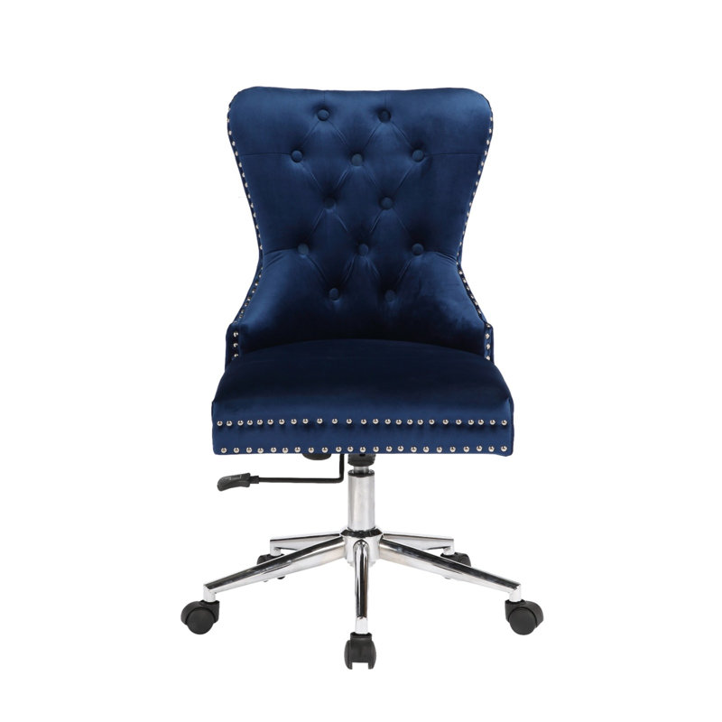 “Brambach Velvet Tufted Task Chair – Adjustable Modern Office Seating with Wooden Frame”, Blue