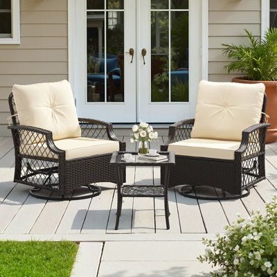 3-Piece Patio Furniture Set, Wicker Outdoor Bistro Set Swivel Glider Patio Chairs X 2 With Cushions, Side Table X 1, High Back All-Weather Rattan Outdoor Furniture For Porch, Backyard