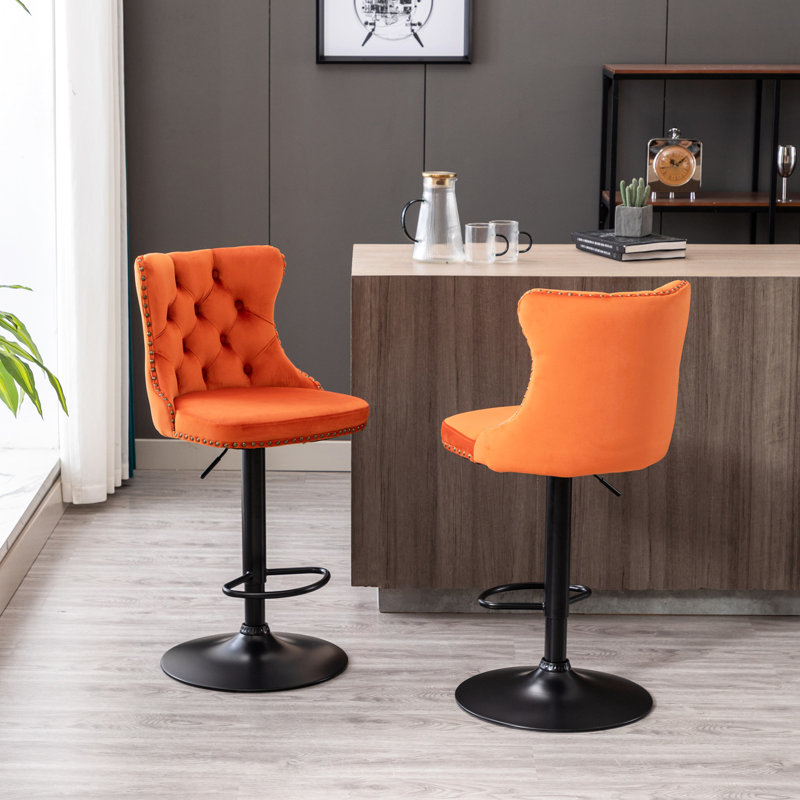 Adjustable Orange - 25-33 Inch Height, 17.7" Base, Back For Comfort, Home Pub And Kitchen Island, 2 Pieces Comfortable Velvet With Seat, 17.7 Base Kitchen, Of