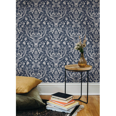 Kiwassa Navy Antler Damask Wallpaper