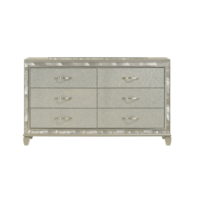 Commode Kimathi 65 po, 6 tiroirs incrustés de strass, poignées chromées, argent