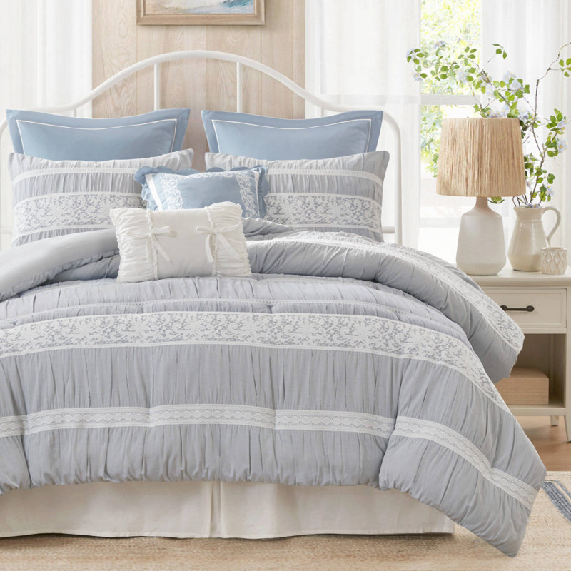 Ensemble de couette jacquard 7 pièces de style cottage, beige/rouge, grand lit, King Comforter + 6 Additional Pieces, Blue