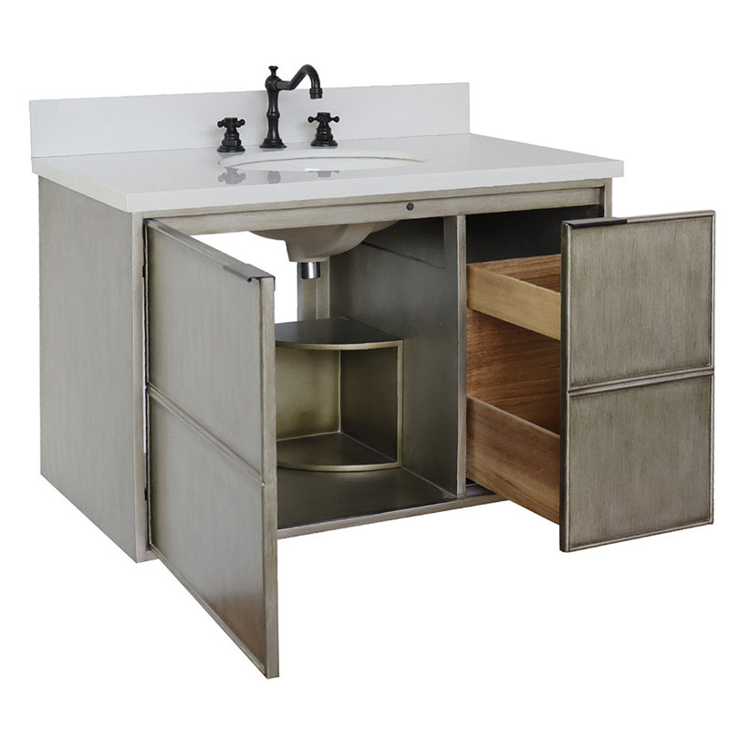 Ensemble de meuble-lavabo mural simple 37 po, Quartz blanc