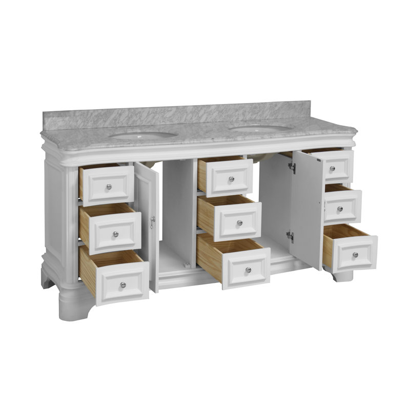 Ensemble de meuble-lavabo double 72 po Twain avec rangement blanc et comptoir en marbre de Carrare, Marbre de Carrare, Blanc