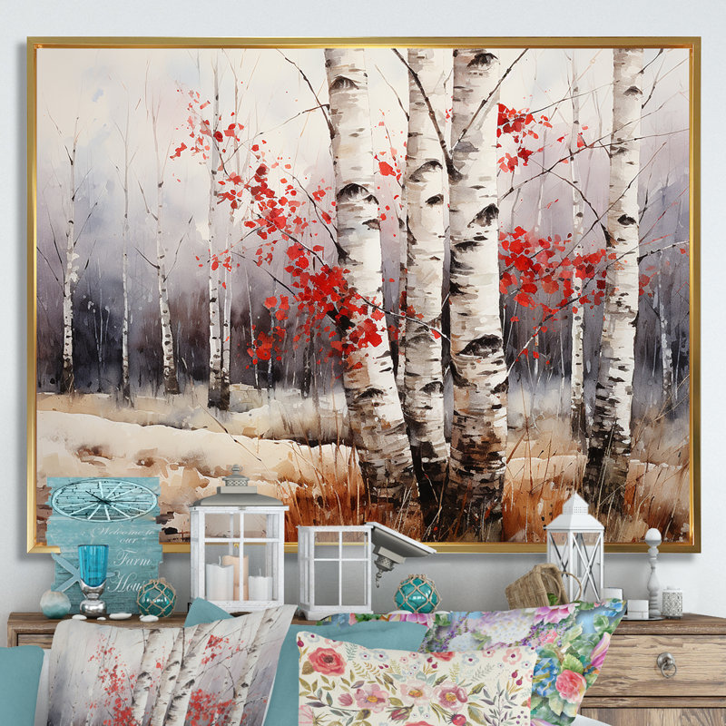Bois de bouleau blanc et rouge en hiver III - Art mural bouleau, Cadre flottant doré, H 24 po x l 32 po x P 1 po