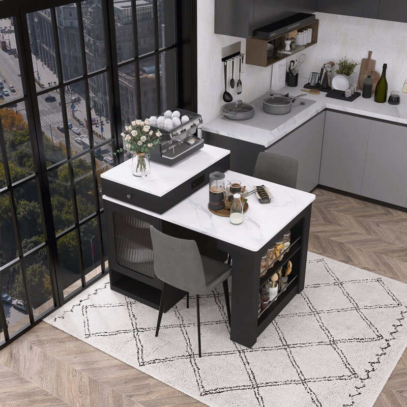 Îlot de cuisine extensible avec rangement double face et prise de courant