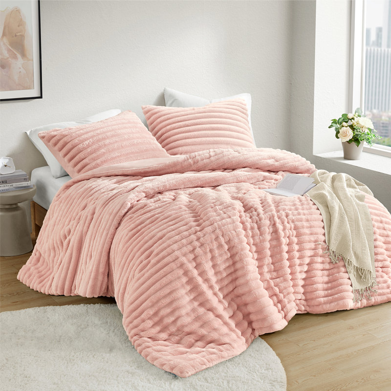 Avril Fluffy Ribbed Plush Comforter Set, Pink, King Comforter + 2 King Shams