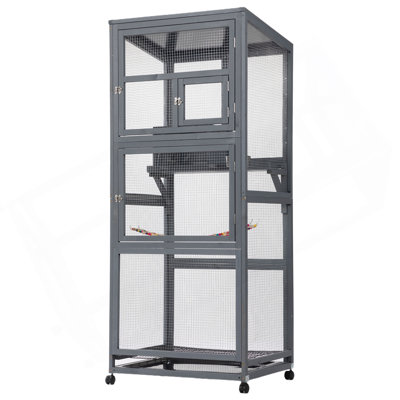 Wood Bird Cage With Universal Wheels-Gray