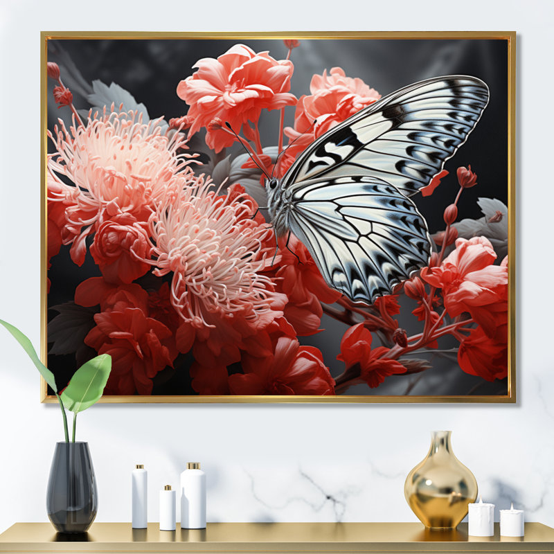 «Red Grey Butterfly Haven I», reproduction d'art sur toile, H 30 po x l 40 po x P 1,5 po, Cadre flottant doré