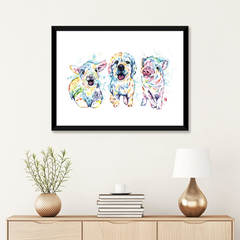 «Farm Friends» par Lisa Whitehouse - impression d'art graphique, Blanc, H 24 po x l 32 po x P 1 po, Papier encadré noir