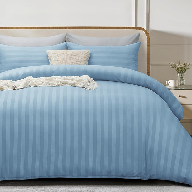 Microfiber Striped Duvet Cover Set with Pillowcases Included, Double Duvet Cover 2 Pillowcases, Lightblue
