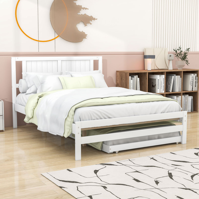 Lit plateforme double avec lit gigogne simple réglable et tête de lit, Blanc