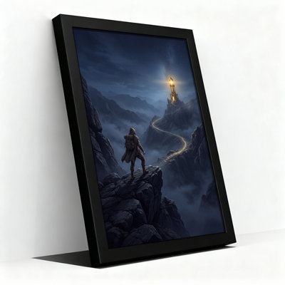 Hooded Traveler on Rocky Cliff Facing Glowing Tower Canvas Wall Art