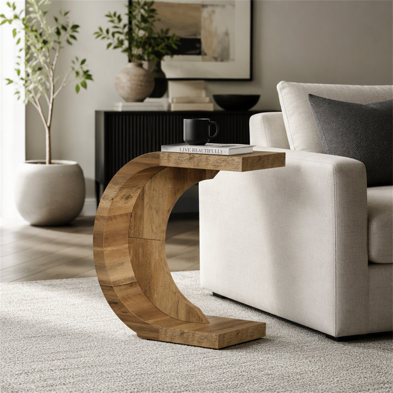 Table de bout en C, table d'appoint en bois, Rustic Brown, Rustic Brown, Rustic Brown