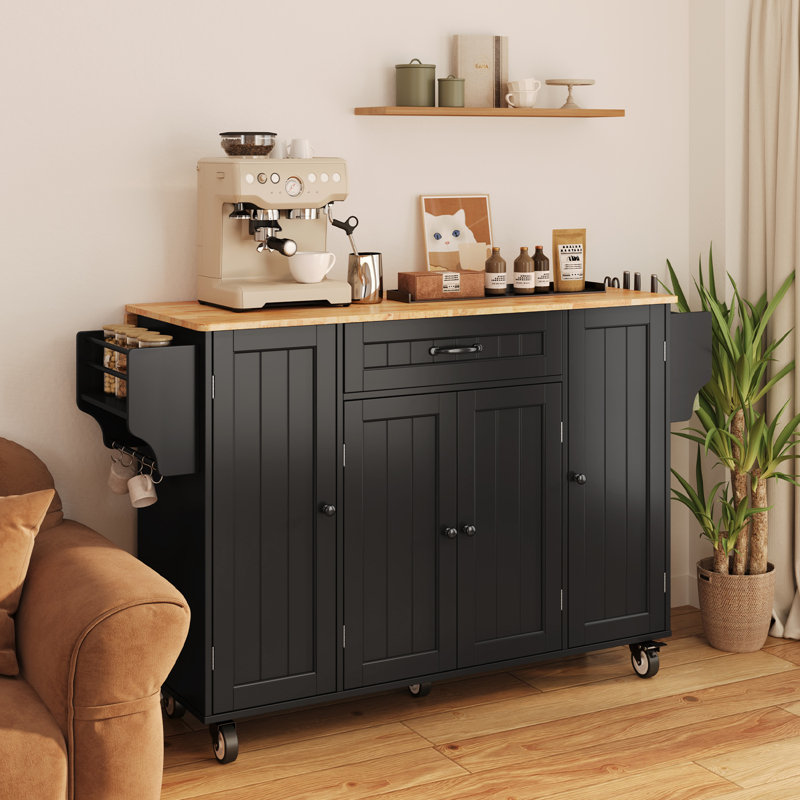 47.6" Rolling Kitchen Island Cart with Drop Leaf, Fridge-Style Cabinet Door, 1 Drawer, Knife Rack, Towel Rack, Cup Holder, Spice Rack, and Locking Casters