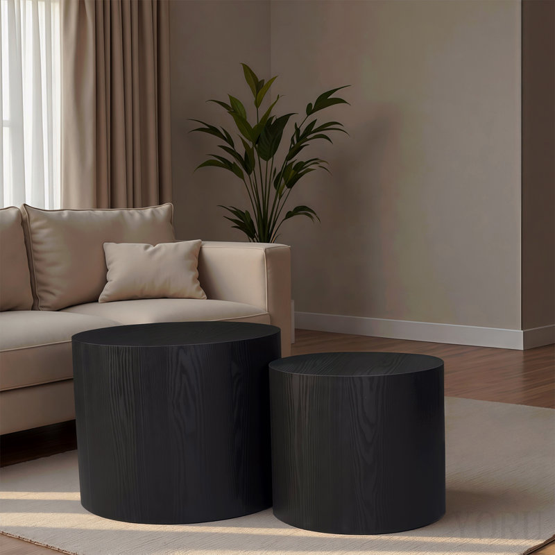 Ensemble de 2 tables basses gigognes, table basse ronde moderne avec pieds antidérapants, table d'appoint en bois pour salon, chambre à coucher, bureau, balcon, terrasse, petit espace, sans assemblage, noir mat